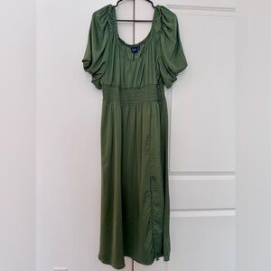 GAP Olive Green Puff-Sleeve Smocked Waist Maxi Dress